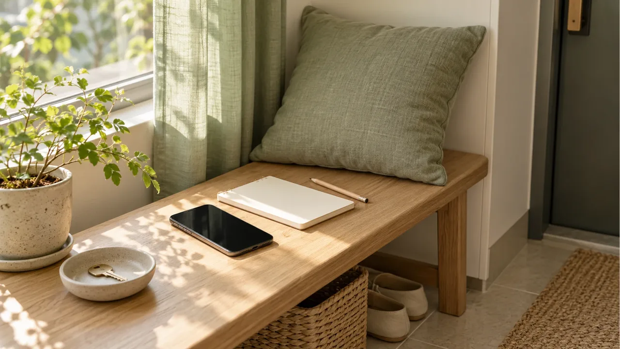 An entryway with a smartphone with its screen off, blank notepaper and a pencil, a sage-green cushion, a key dish and a potted plant on an oak bench by a window