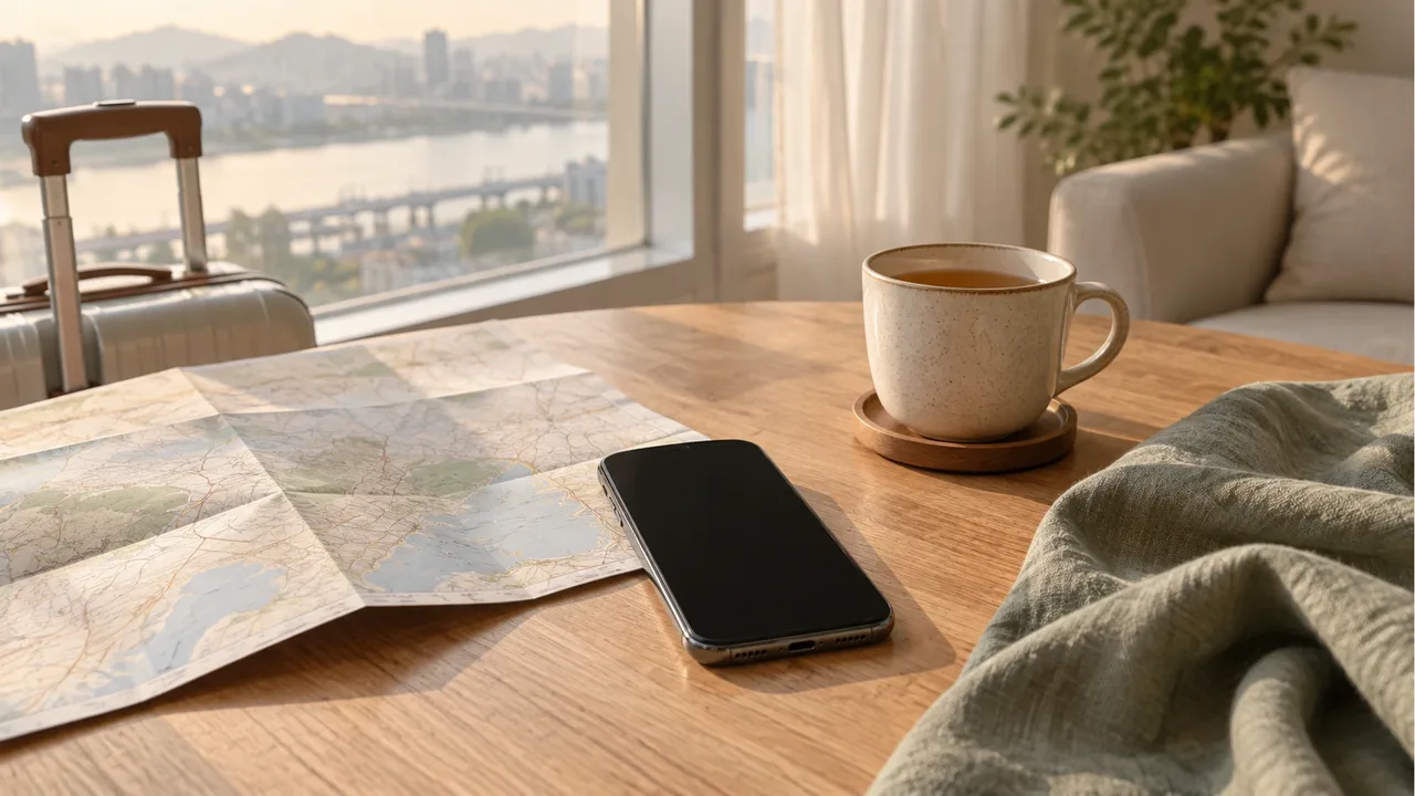 A wooden table by a window overlooking a river, with an unfolded map, a smartphone with its screen off, a cup of tea, a sage-green throw and a travel suitcase standing nearby